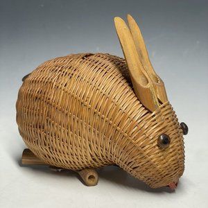 Vintage 1970's Chinese Woven Wicker Basket Bunny Rabbit Animal Glass Eyes